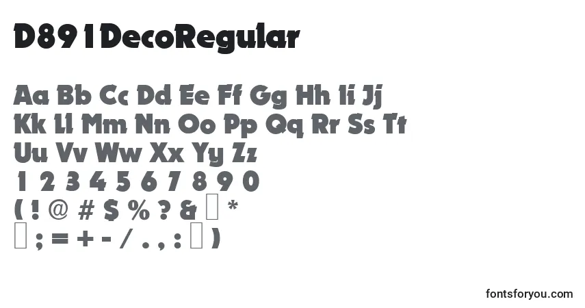 Czcionka D891DecoRegular – alfabet, cyfry, specjalne znaki