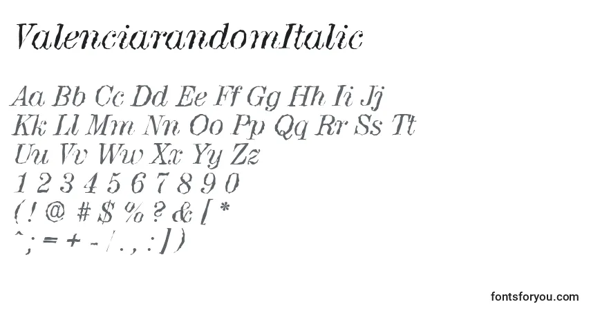Schriftart ValenciarandomItalic – Alphabet, Zahlen, spezielle Symbole