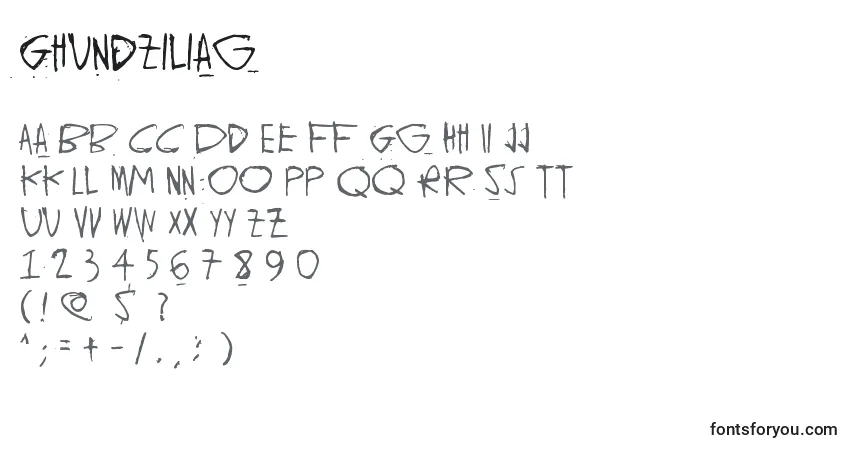 Schriftart GhundZiliag – Alphabet, Zahlen, spezielle Symbole