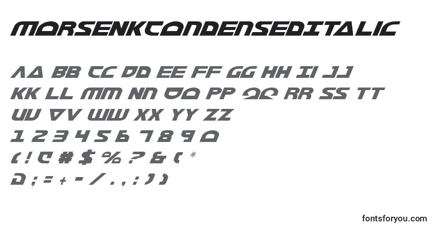 Czcionka MorseNkCondensedItalic – alfabet, cyfry, specjalne znaki