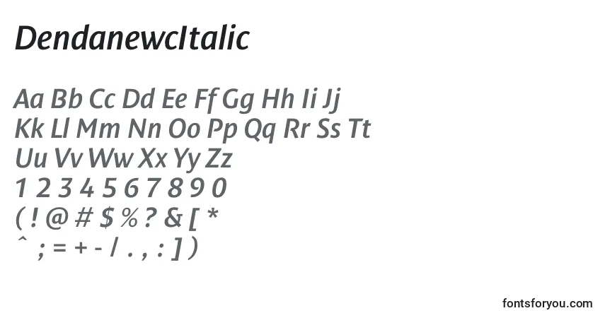 A fonte DendanewcItalic – alfabeto, números, caracteres especiais