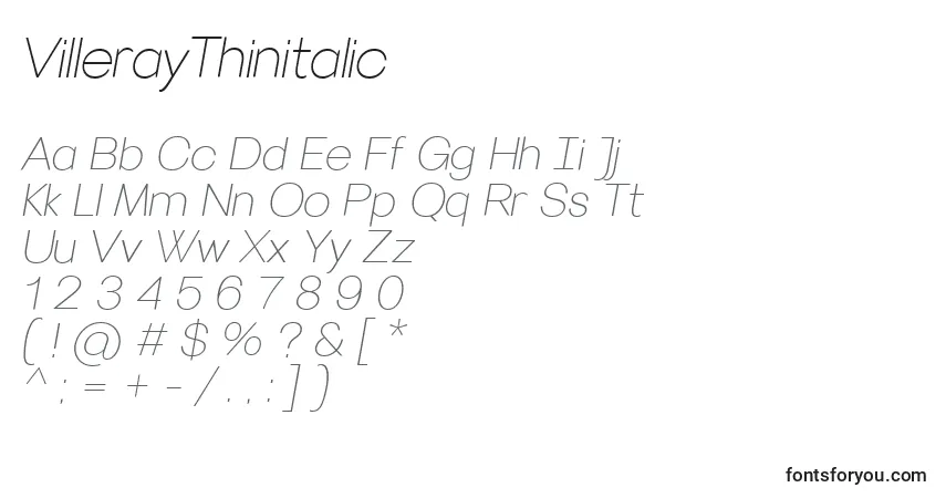 Czcionka VillerayThinitalic – alfabet, cyfry, specjalne znaki