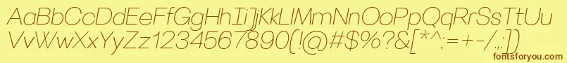 フォントVillerayThinitalic – 茶色の文字が黄色の背景にあります。