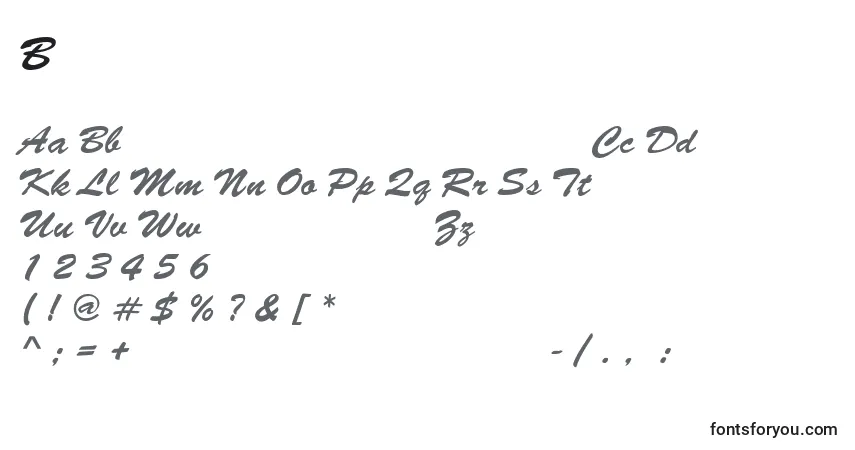 A fonte BrushscriptNormalItalic – alfabeto, números, caracteres especiais
