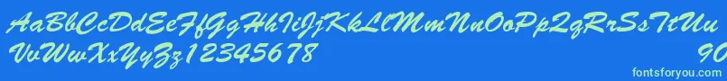 BrushscriptNormalItalic-Schriftart – Grüne Schriften auf blauem Hintergrund