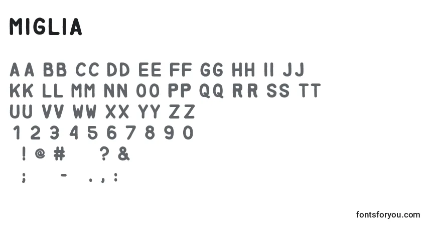 Schriftart Miglia – Alphabet, Zahlen, spezielle Symbole