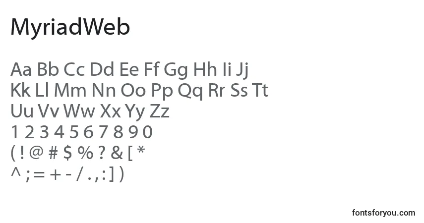 A fonte MyriadWeb – alfabeto, números, caracteres especiais