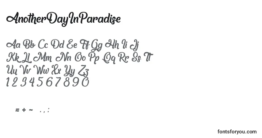 Fuente AnotherDayInParadise - alfabeto, números, caracteres especiales