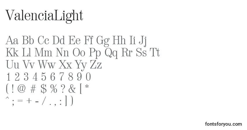 A fonte ValenciaLight – alfabeto, números, caracteres especiais