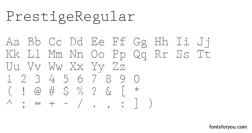A fonte PrestigeRegular – alfabeto, números, caracteres especiais