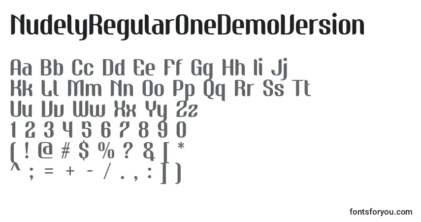 A fonte NudelyRegularOneDemoVersion – alfabeto, números, caracteres especiais
