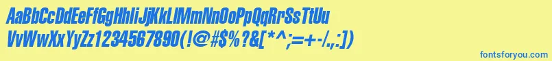 フォントAglettericaextracompressedOblique – 青い文字が黄色の背景にあります。