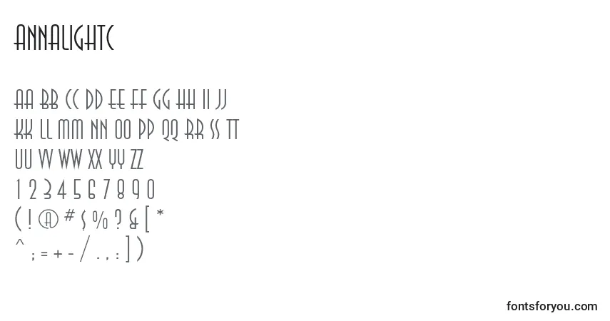 Czcionka Annalightc – alfabet, cyfry, specjalne znaki