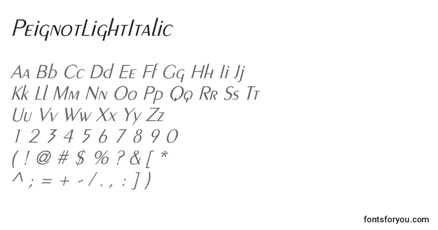 A fonte PeignotLightItalic – alfabeto, números, caracteres especiais