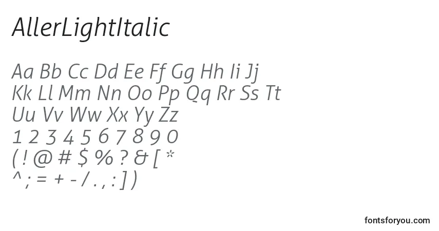Шрифт AllerLightItalic – алфавит, цифры, специальные символы