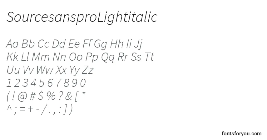 Czcionka SourcesansproLightitalic – alfabet, cyfry, specjalne znaki