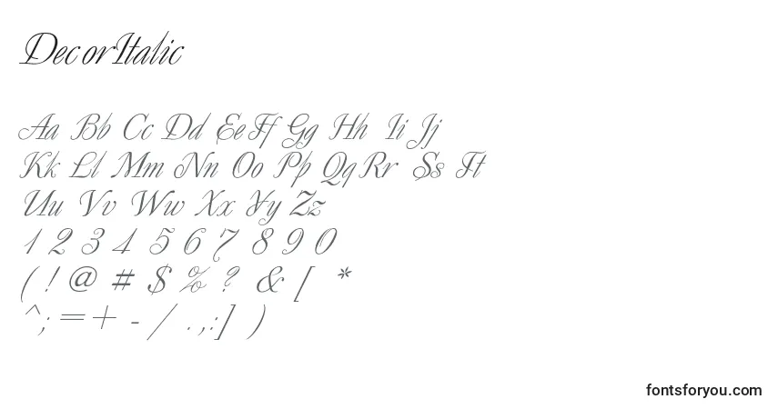 DecorItalicフォント–アルファベット、数字、特殊文字