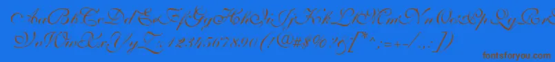 ShelleyVolantescripta-Schriftart – Braune Schriften auf blauem Hintergrund