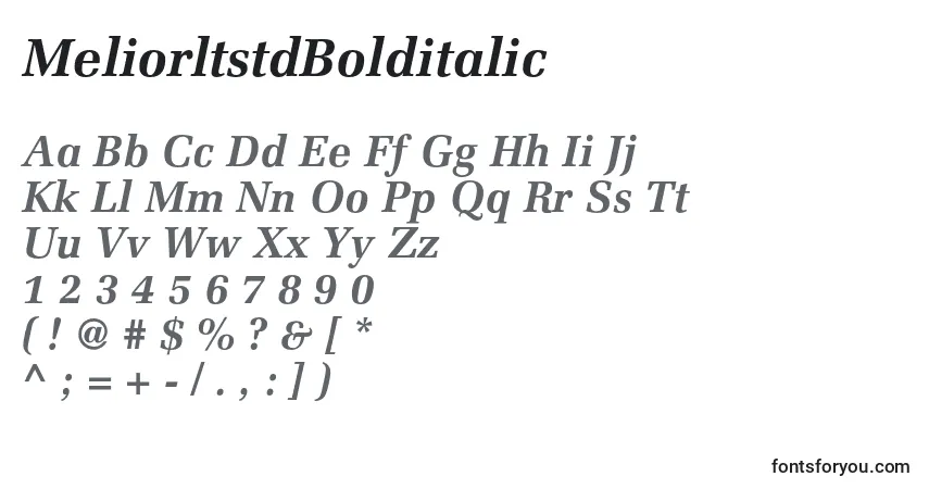 Czcionka MeliorltstdBolditalic – alfabet, cyfry, specjalne znaki