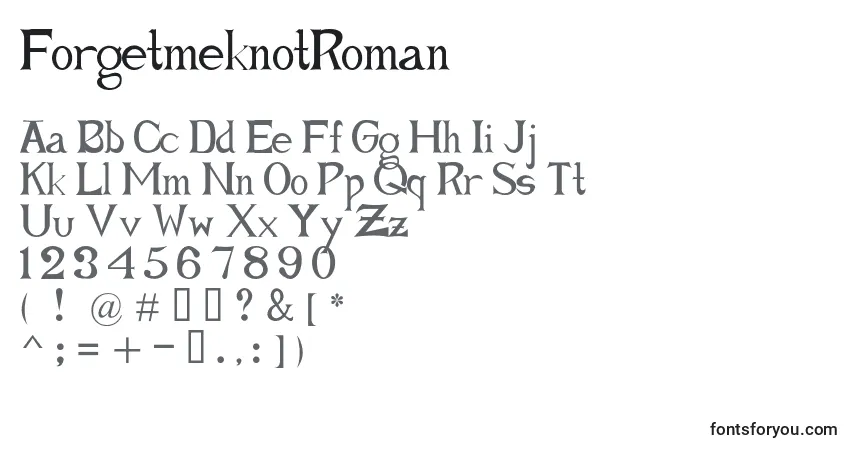 A fonte ForgetmeknotRoman – alfabeto, números, caracteres especiais