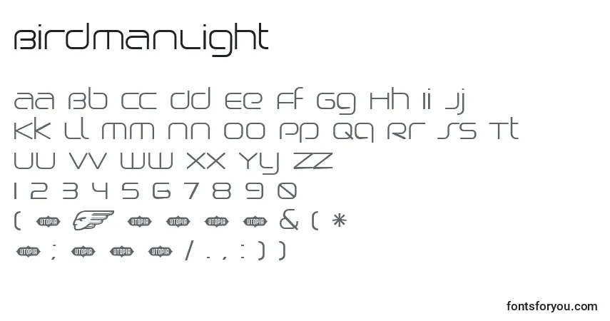 Schriftart BirdmanLight – Alphabet, Zahlen, spezielle Symbole