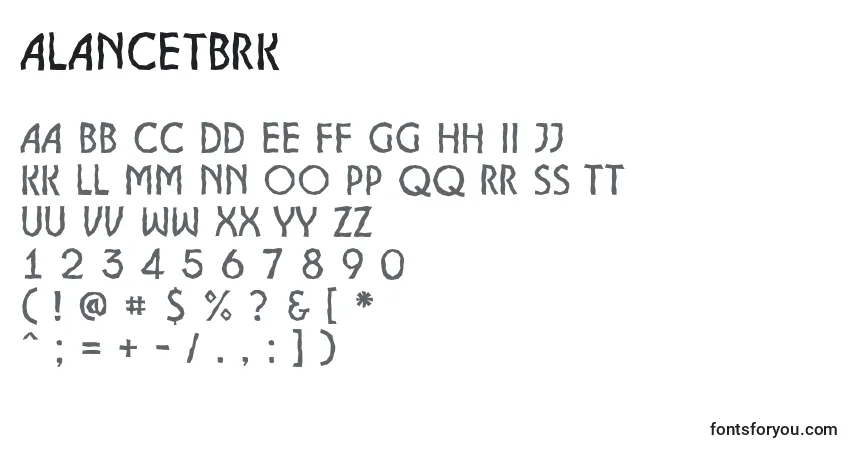 Czcionka ALancetbrk – alfabet, cyfry, specjalne znaki