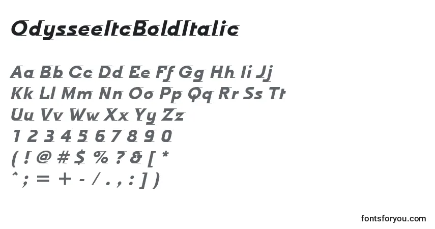Czcionka OdysseeItcBoldItalic – alfabet, cyfry, specjalne znaki