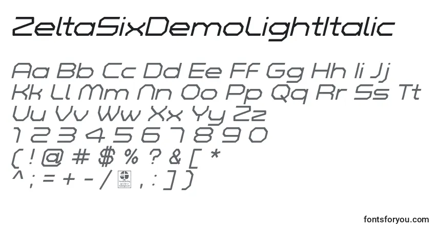 Schriftart ZeltaSixDemoLightItalic – Alphabet, Zahlen, spezielle Symbole