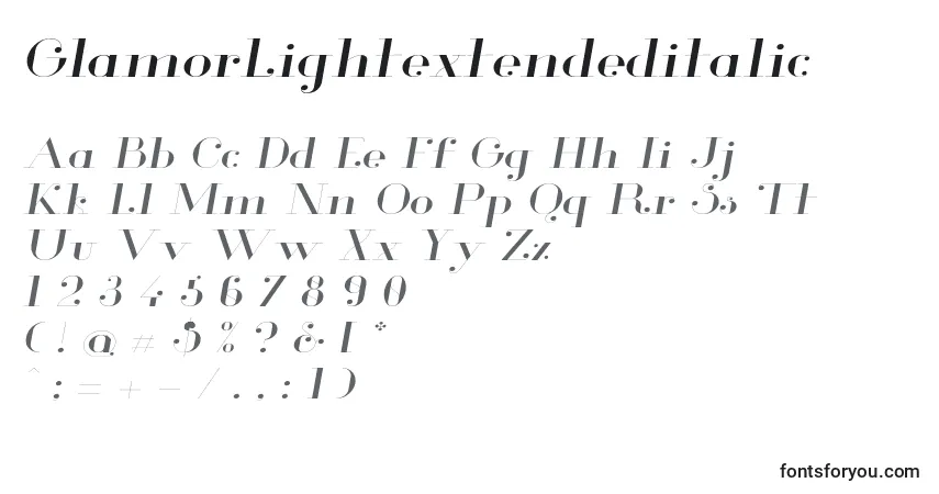 Шрифт GlamorLightextendeditalic – алфавит, цифры, специальные символы