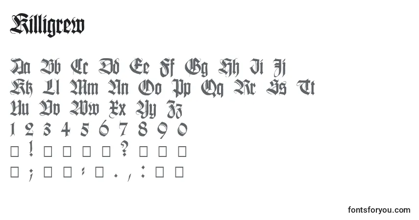 A fonte Killigrew – alfabeto, números, caracteres especiais