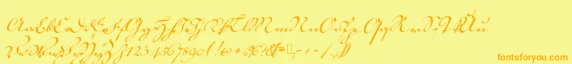 Weitere Informationen zur 18thctrkurtxt-Schriftart 18thctrkurtxt-Schriftart – Orangefarbene Schriften auf gelbem Hintergrund