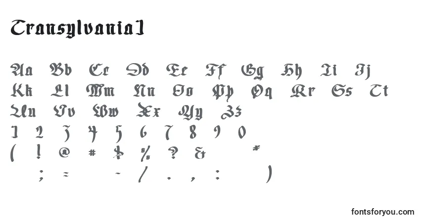 Czcionka Transylvania1 – alfabet, cyfry, specjalne znaki
