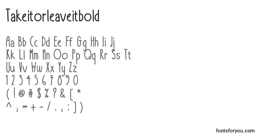 Шрифт Takeitorleaveitbold – алфавит, цифры, специальные символы