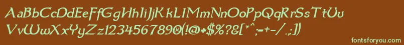 フォントDum3ital – 緑色の文字が茶色の背景にあります。
