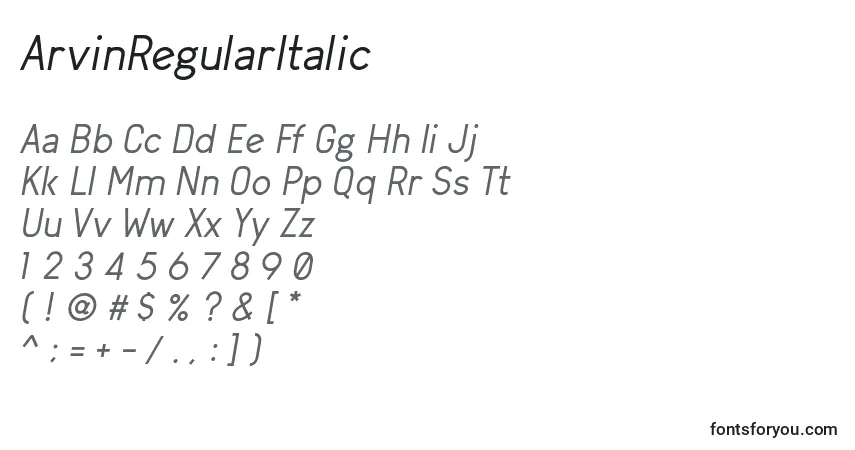 Czcionka ArvinRegularItalic – alfabet, cyfry, specjalne znaki