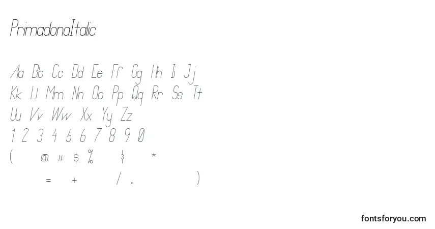 Шрифт PrimadonaItalic – алфавит, цифры, специальные символы