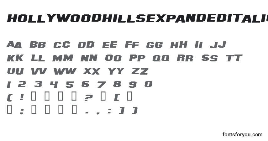 A fonte HollywoodHillsExpandedItalic – alfabeto, números, caracteres especiais