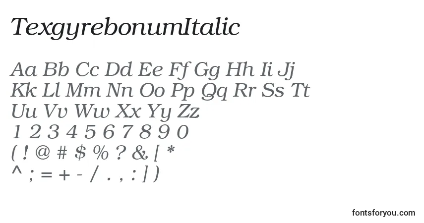 Schriftart TexgyrebonumItalic – Alphabet, Zahlen, spezielle Symbole