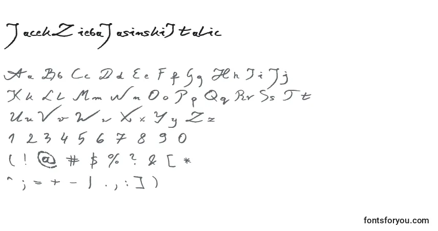 Schriftart JacekZiebaJasinskiItalic – Alphabet, Zahlen, spezielle Symbole