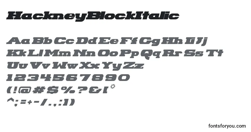 Schriftart HackneyBlockItalic – Alphabet, Zahlen, spezielle Symbole