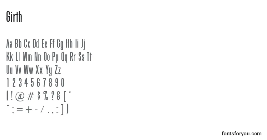 Czcionka Girth – alfabet, cyfry, specjalne znaki