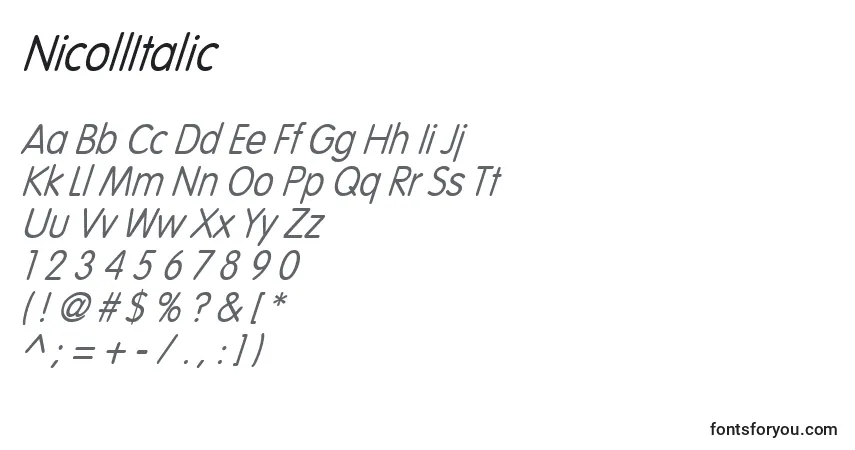 Шрифт NicollItalic – алфавит, цифры, специальные символы