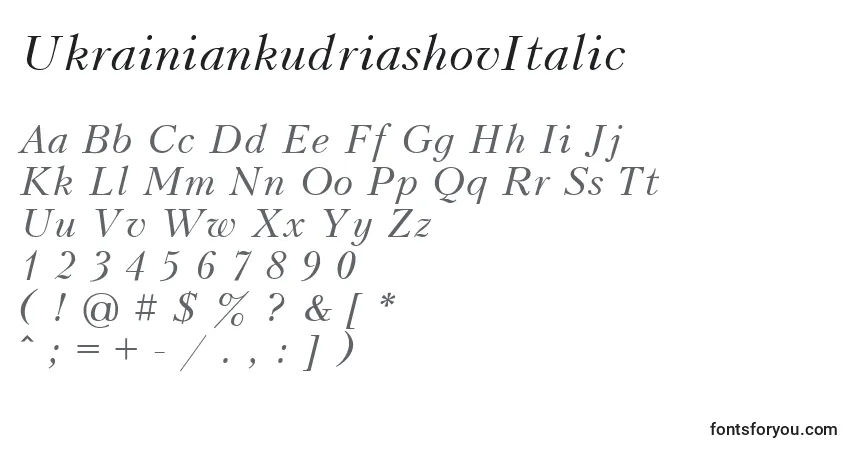 Fuente UkrainiankudriashovItalic - alfabeto, números, caracteres especiales