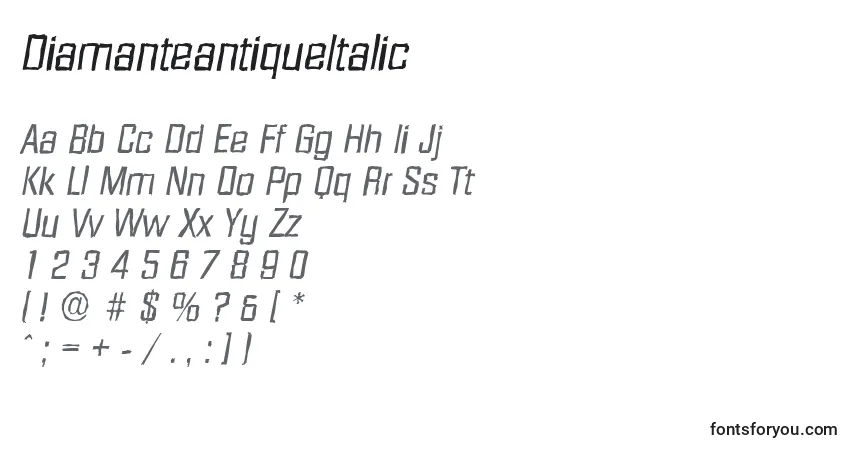 Czcionka DiamanteantiqueItalic – alfabet, cyfry, specjalne znaki