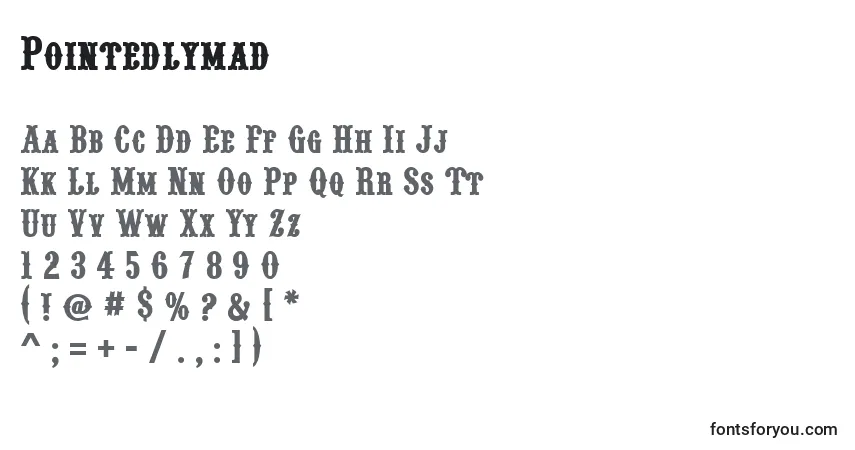 Czcionka Pointedlymad – alfabet, cyfry, specjalne znaki