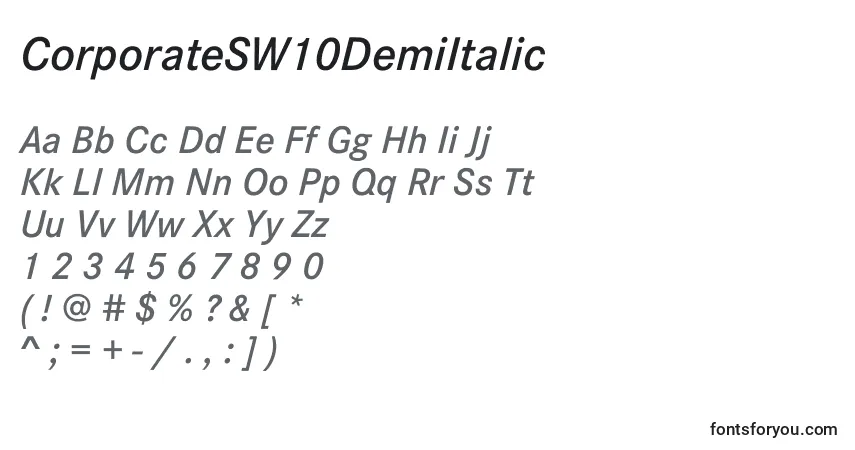 Czcionka CorporateSW10DemiItalic – alfabet, cyfry, specjalne znaki