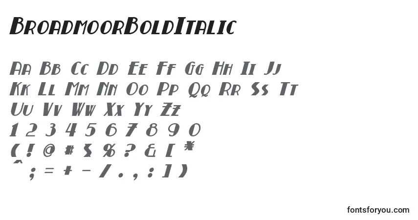 Czcionka BroadmoorBoldItalic – alfabet, cyfry, specjalne znaki