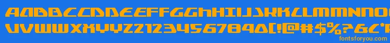 フォントGlobaldynamics – オレンジ色の文字が青い背景にあります。