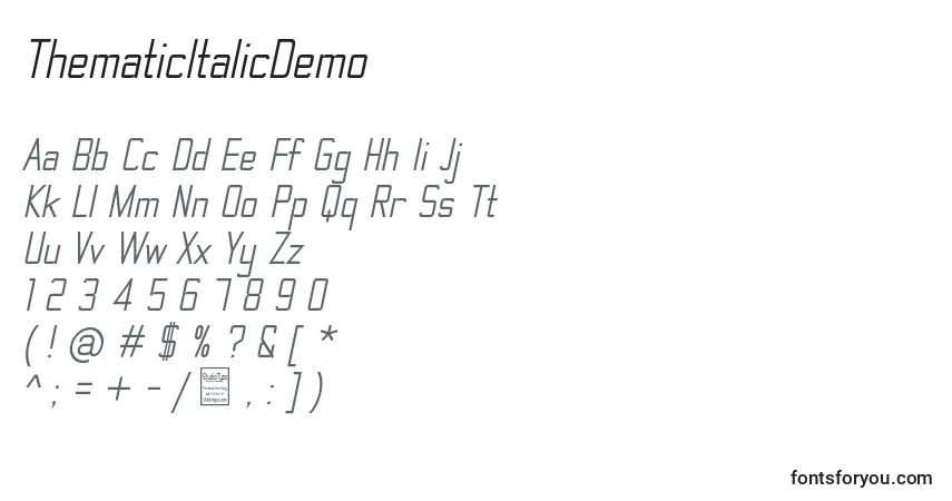 Шрифт ThematicItalicDemo – алфавит, цифры, специальные символы