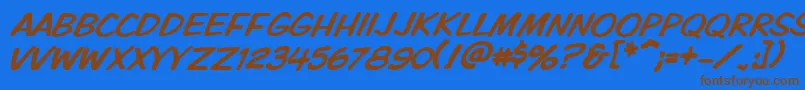 フォントVtckomixationcapsitalic – 茶色の文字が青い背景にあります。